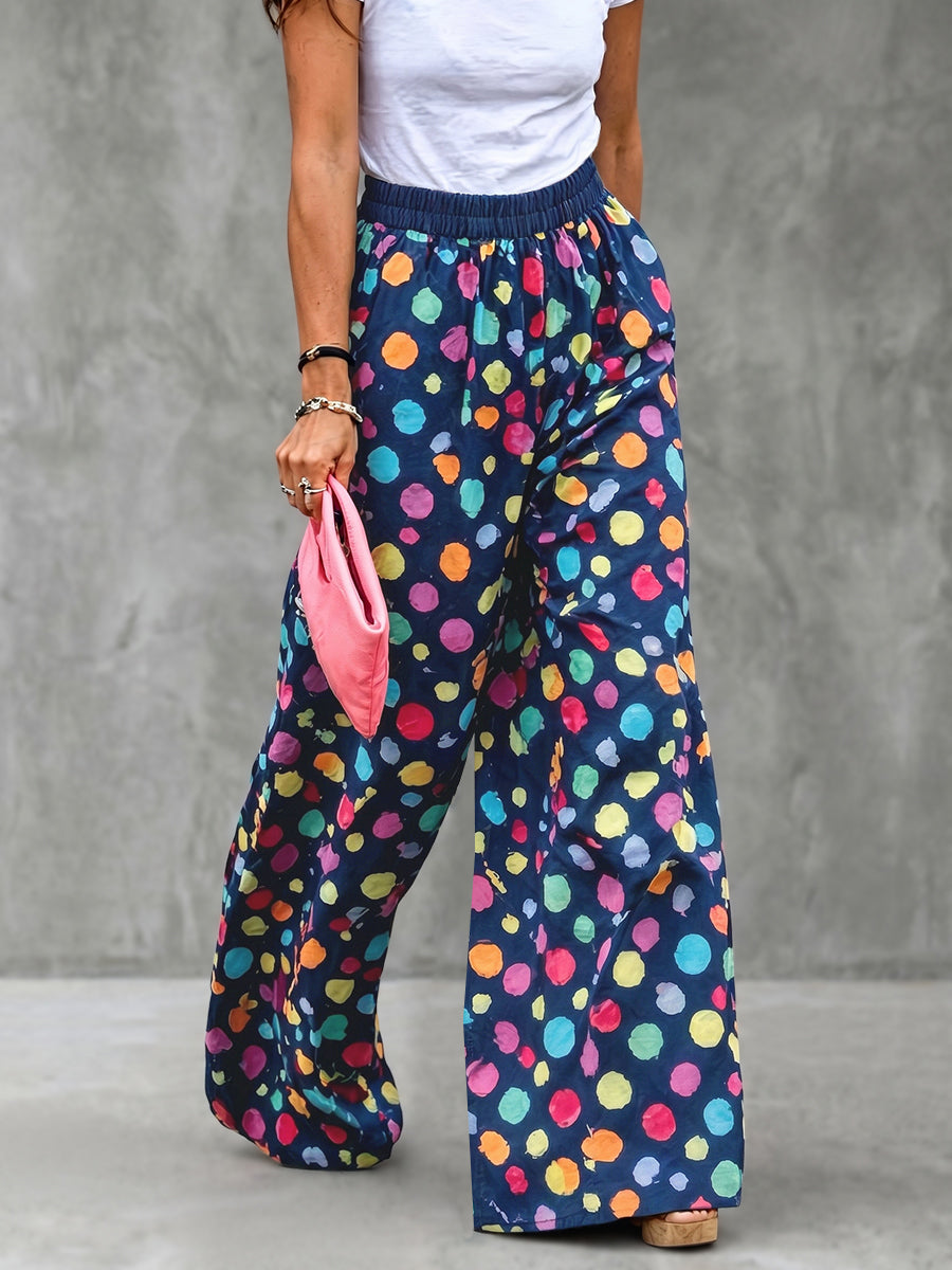 Polka Dot Wide-Leg High-Waist Pocket Pants