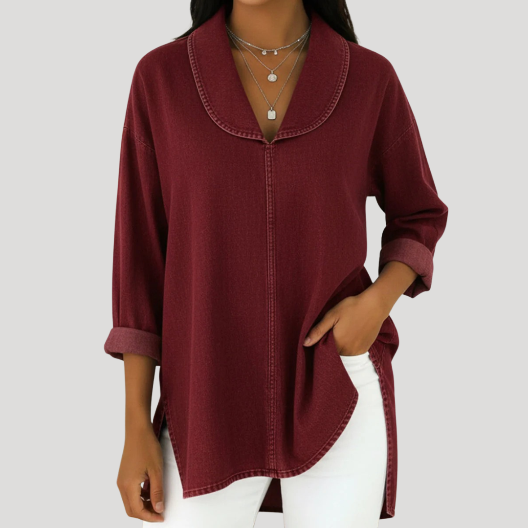 Camille | Faux Denim Shawl Collar Blouse