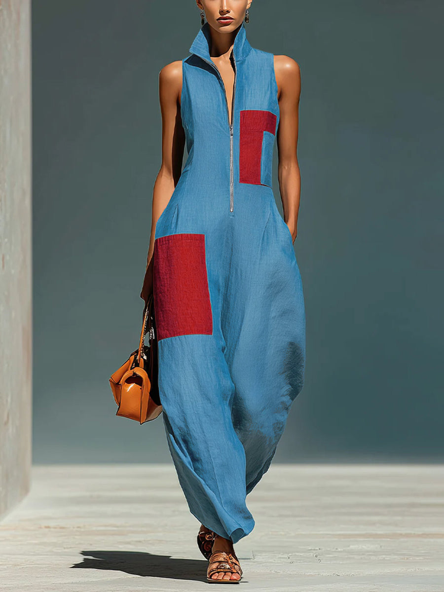 Wide-Leg Pocket Relaxed Contrast Jumpsuit