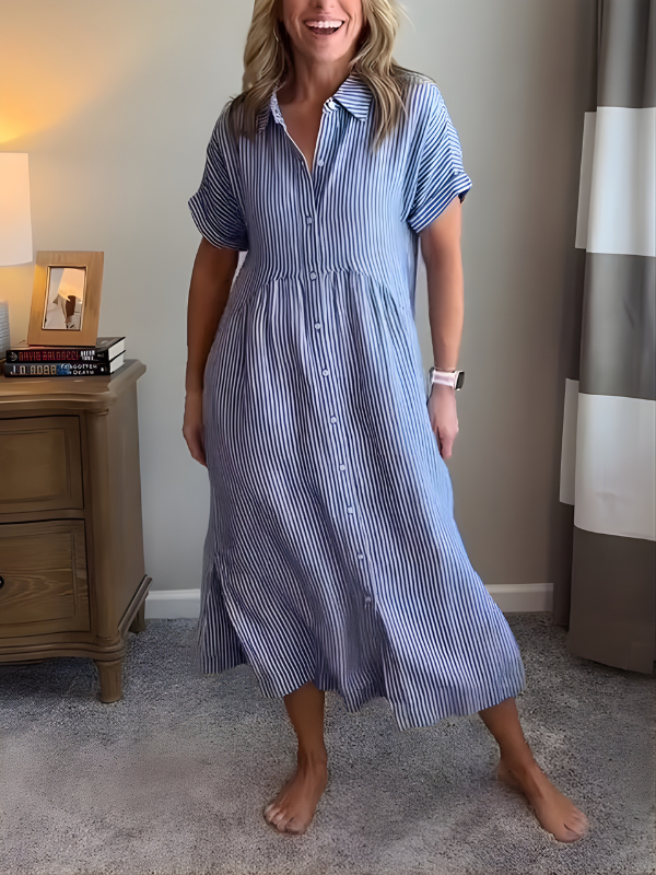 Marina | Striped Maxi Shirt Dress with Pockets