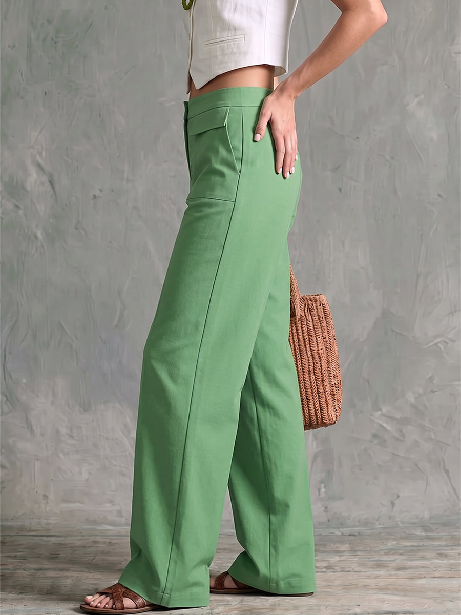 Wide-Leg High-Waist Button-Detail Pocket Pants