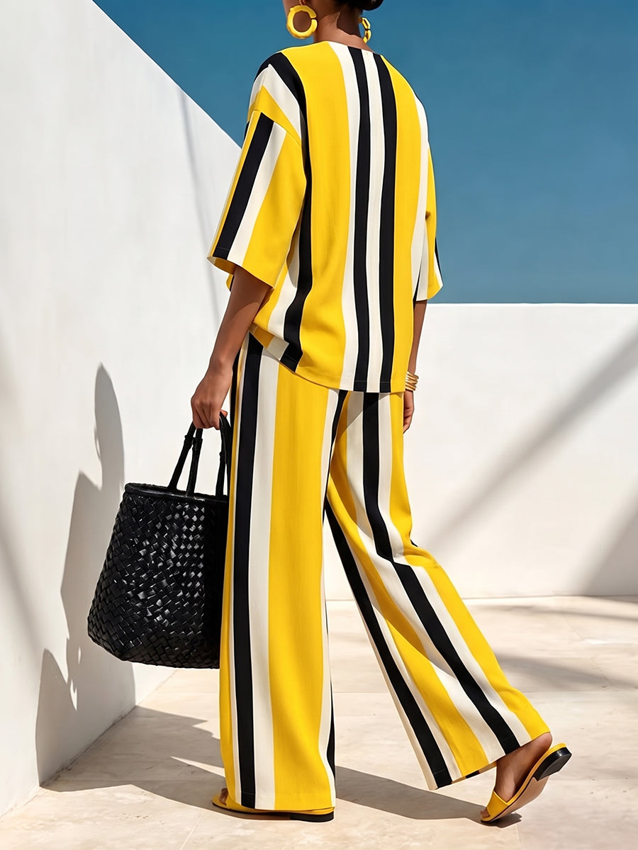Striped Wide-Leg Pocket Elastic Pants
