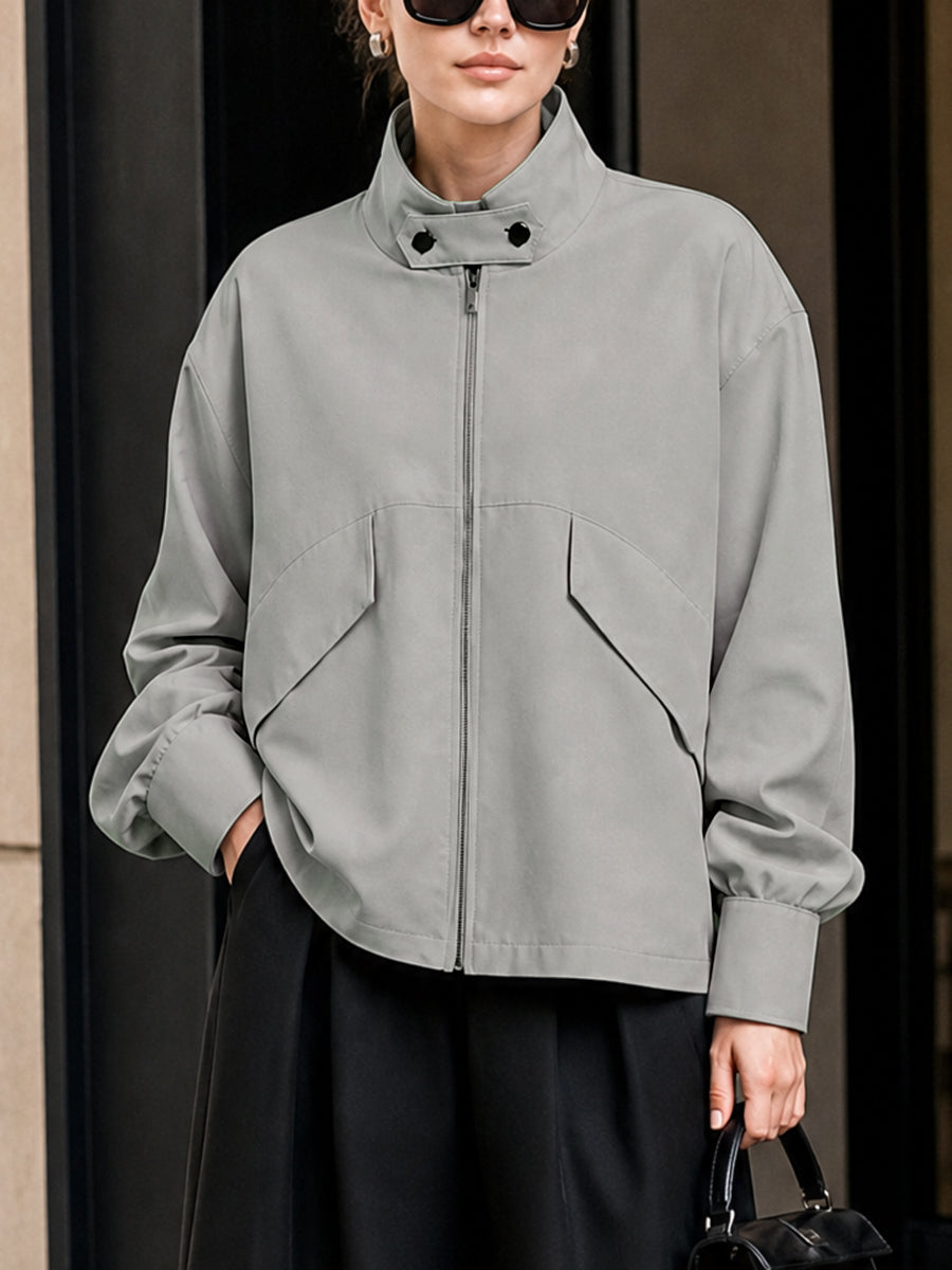 Stand-Collar Zip Long-Sleeve Relaxed Jacket