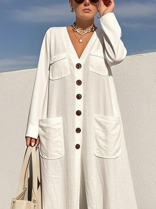 V-Neck Button-Detail Pocket Long-Sleeve Jumpsuit