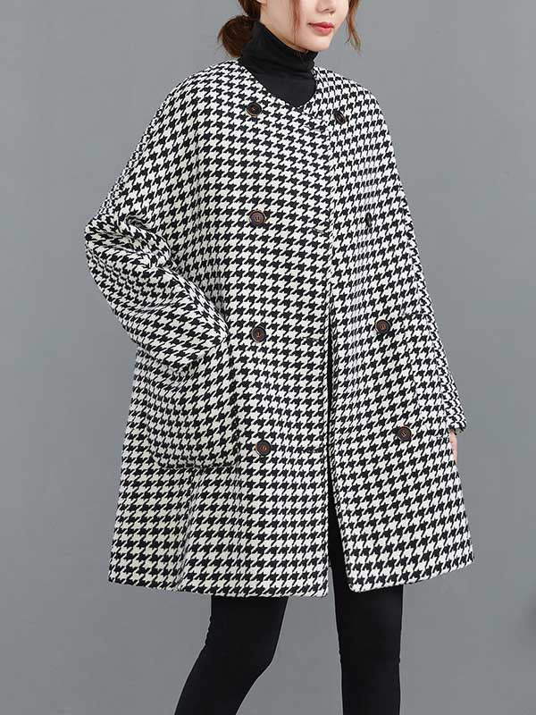 Houndstooth Round-Neck Button-Detail Long-Sleeve Coat