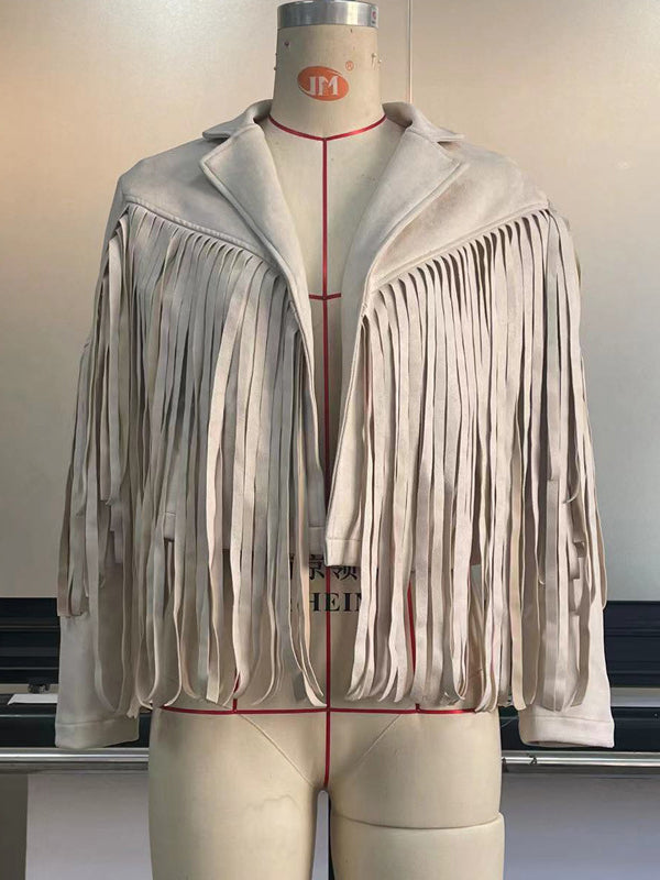Notch-Collar Fringe Long-Sleeve Jacket
