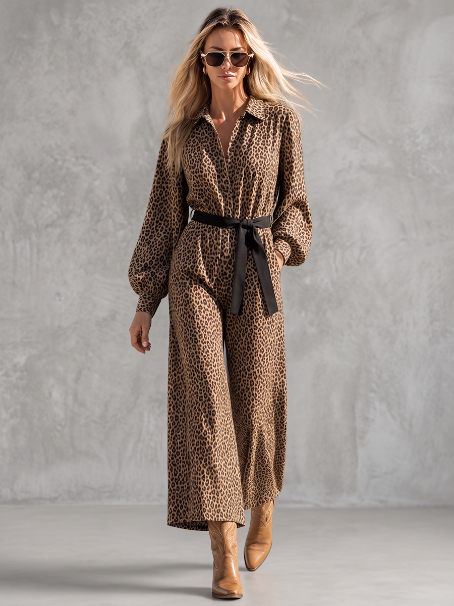 Leopard Print Wide-Leg Button-Detail Pocket Jumpsuit