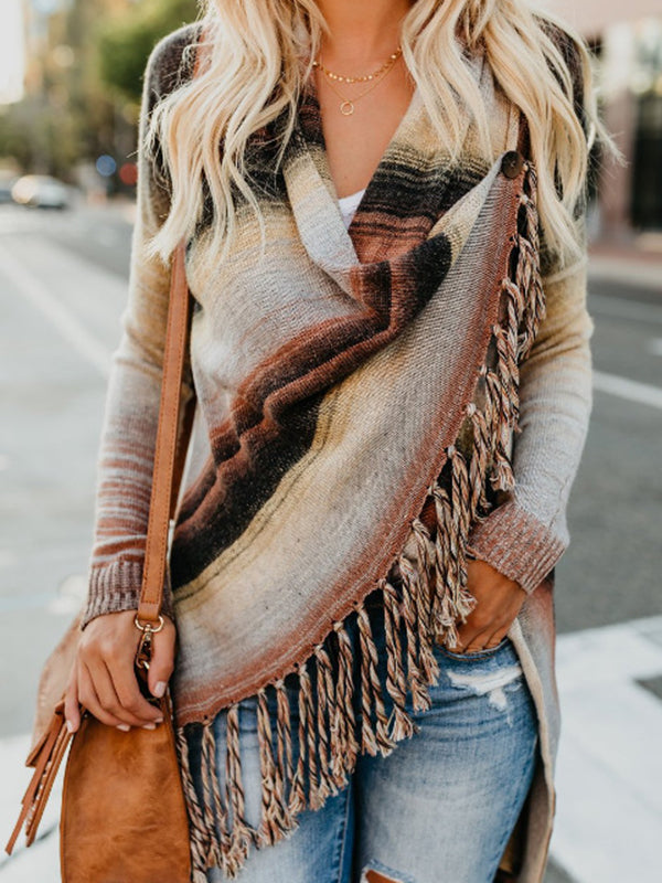 Striped Fringe Button-Detail Long-Sleeve Cardigan