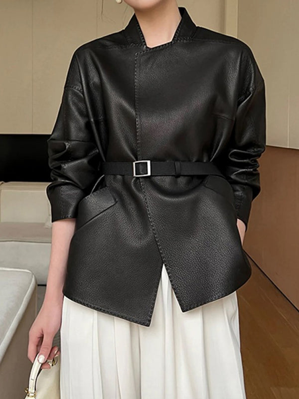 Stand-Collar Belted Long-Sleeve Relaxed Belt