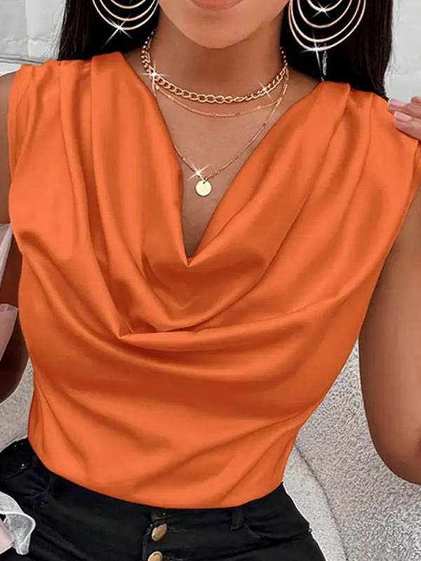 V-Neck Pleated Sleeveless Relaxed Vest