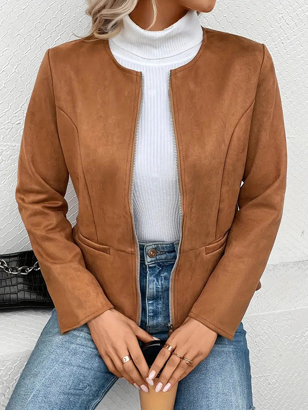 Round-Neck Zip Pocket Long-Sleeve Jacket