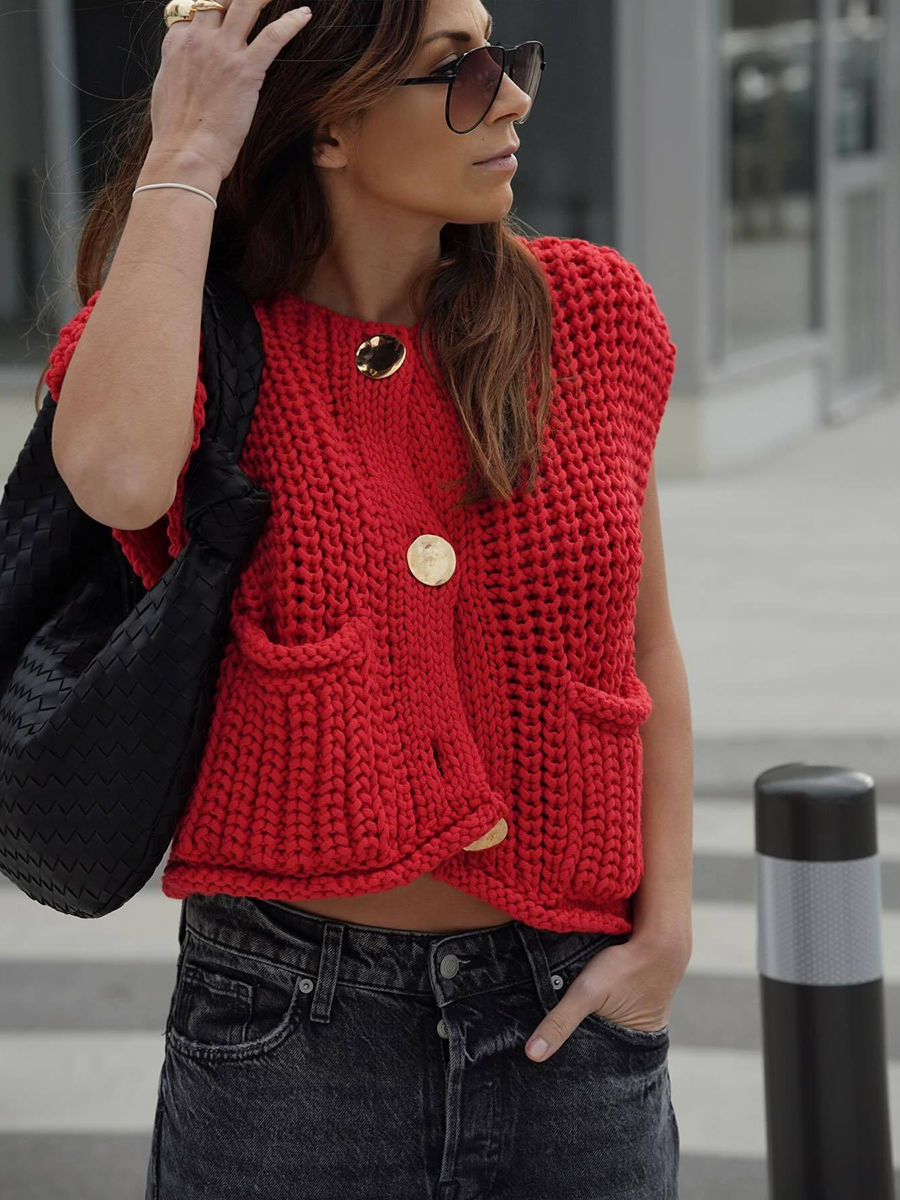 Knit Button-Detail Pocket Sleeveless Cardigan