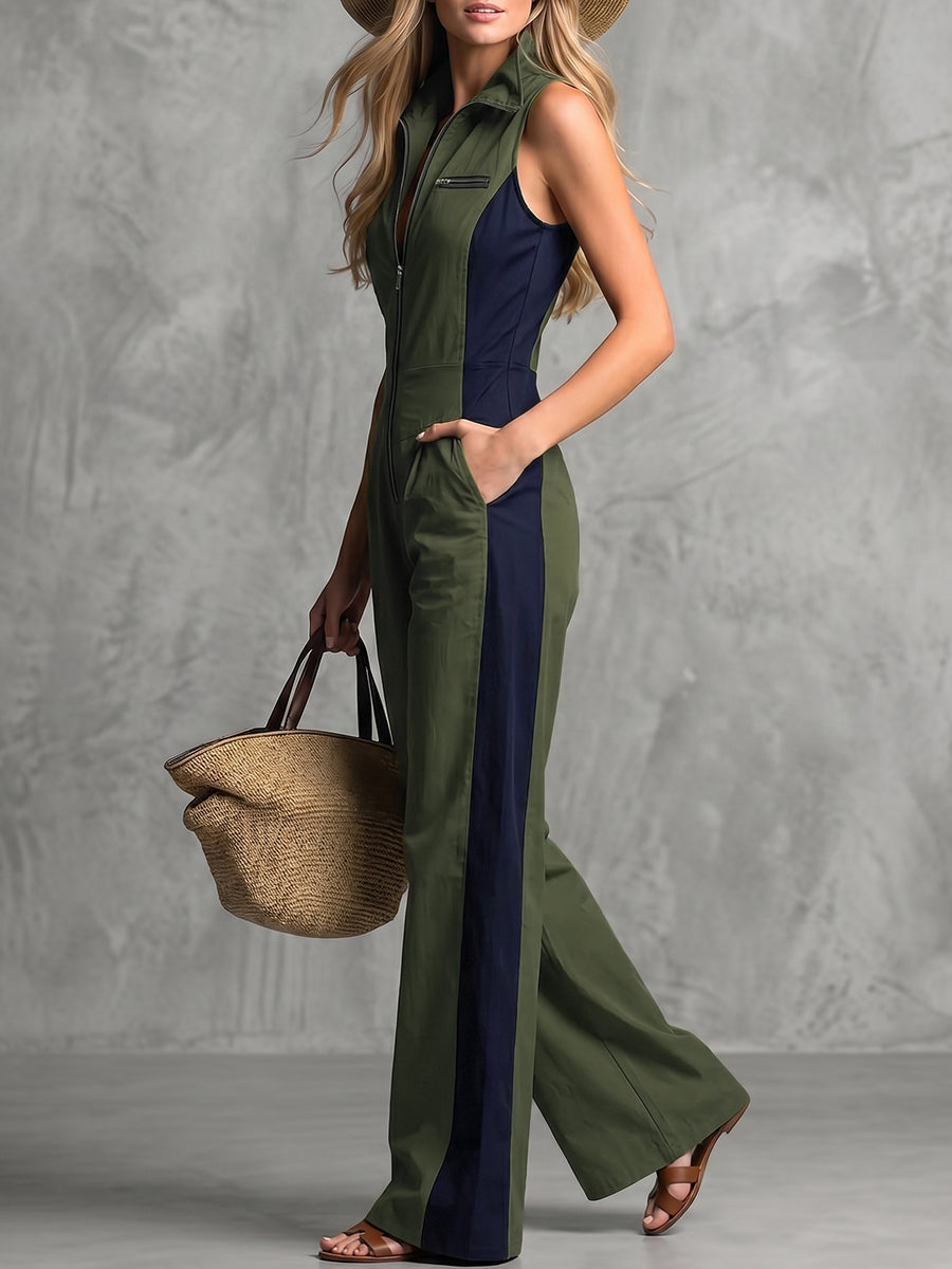Wide-Leg Zip Pocket Sleeveless Jumpsuit