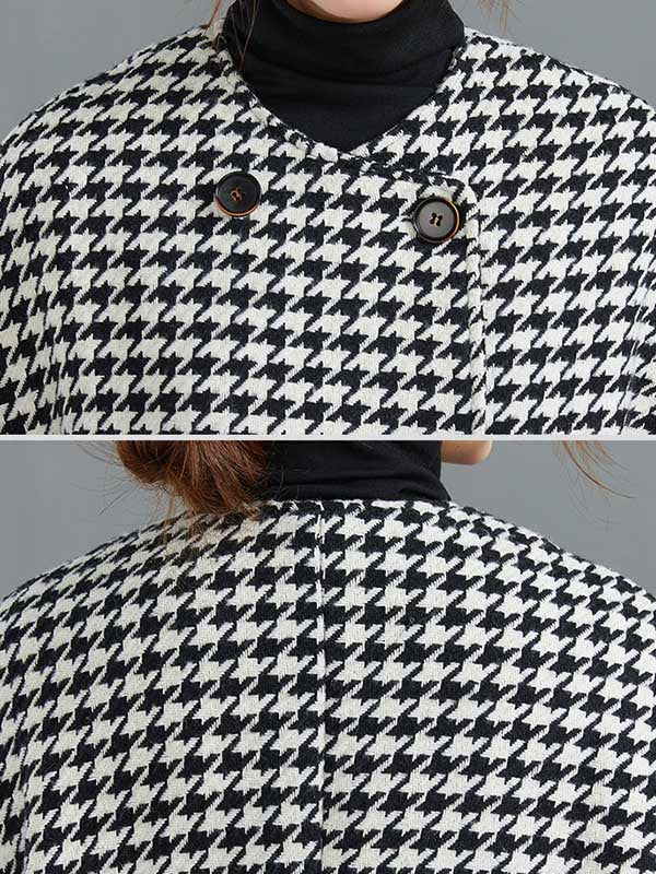 Houndstooth Round-Neck Button-Detail Long-Sleeve Coat