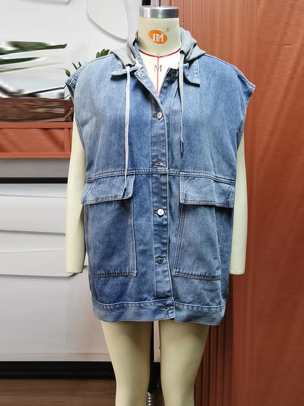 Hooded Button-Detail Pocket Sleeveless Vest