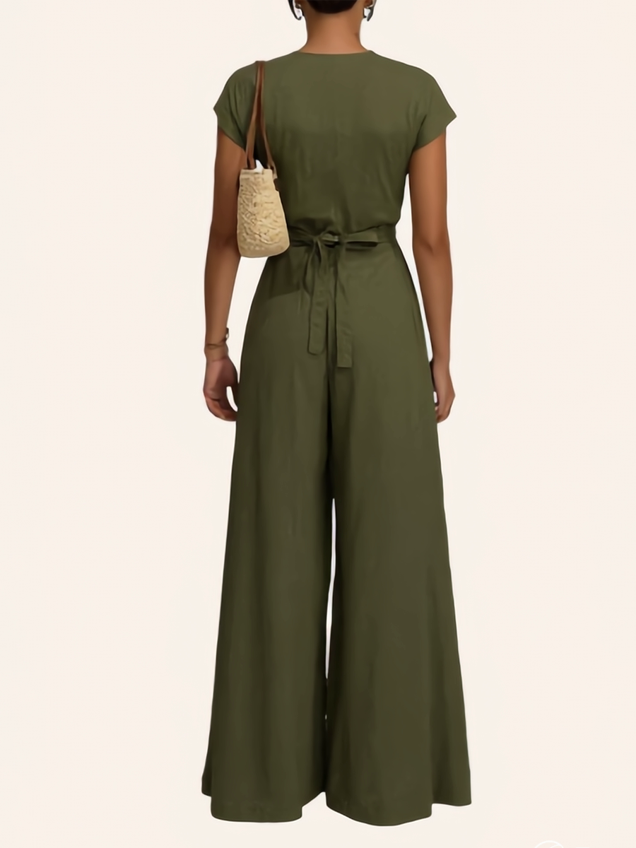 High-Waist V-Neck Pleated Pocket Jumpsuit