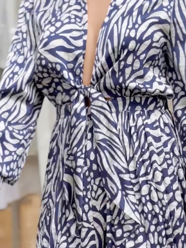 Printed V-Neck Pleated Relaxed Jumpsuit