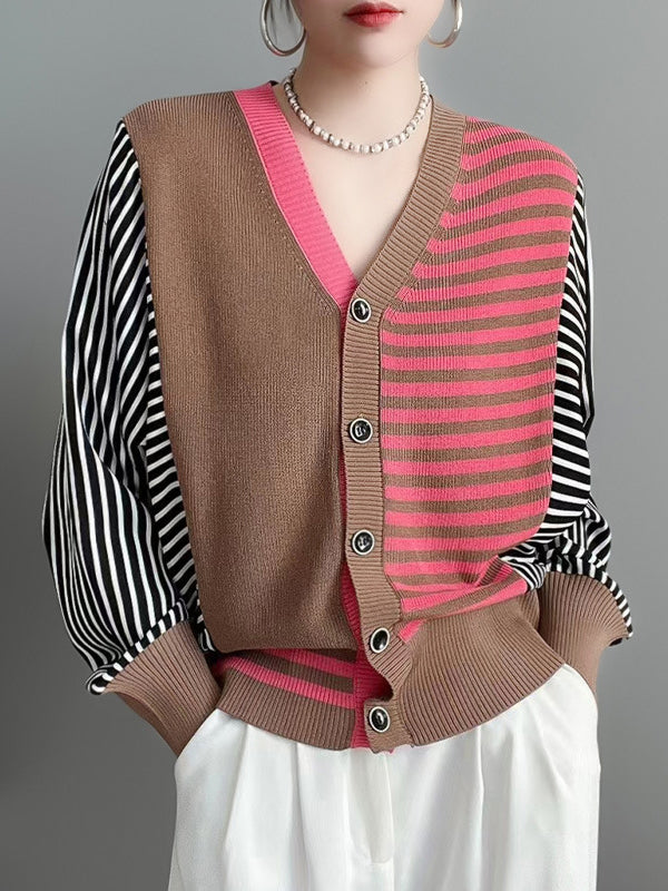Striped Knit V-Neck Button-Detail Cardigan