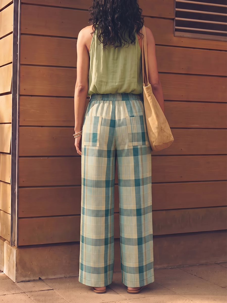 Checked Wide-Leg Pocket Relaxed Pants