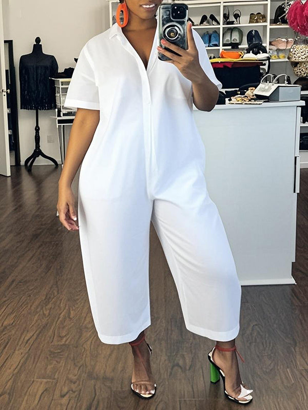 Button-Detail Short-Sleeve Relaxed Jumpsuit