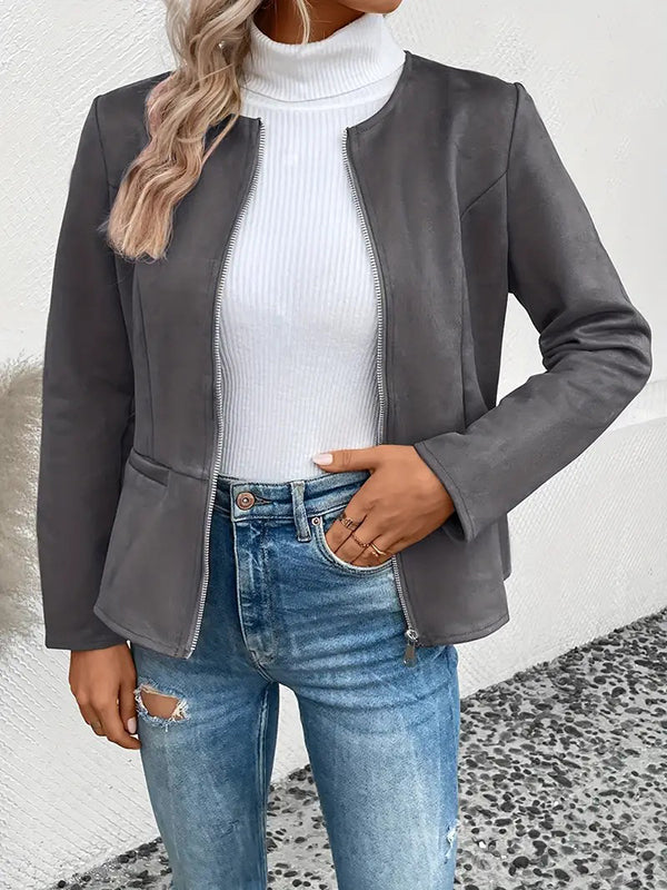 Round-Neck Zip Pocket Long-Sleeve Jacket