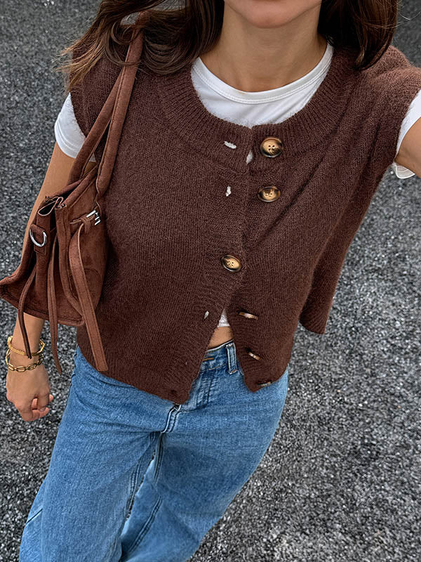 Round-Neck Button-Detail Sleeveless Relaxed Vest