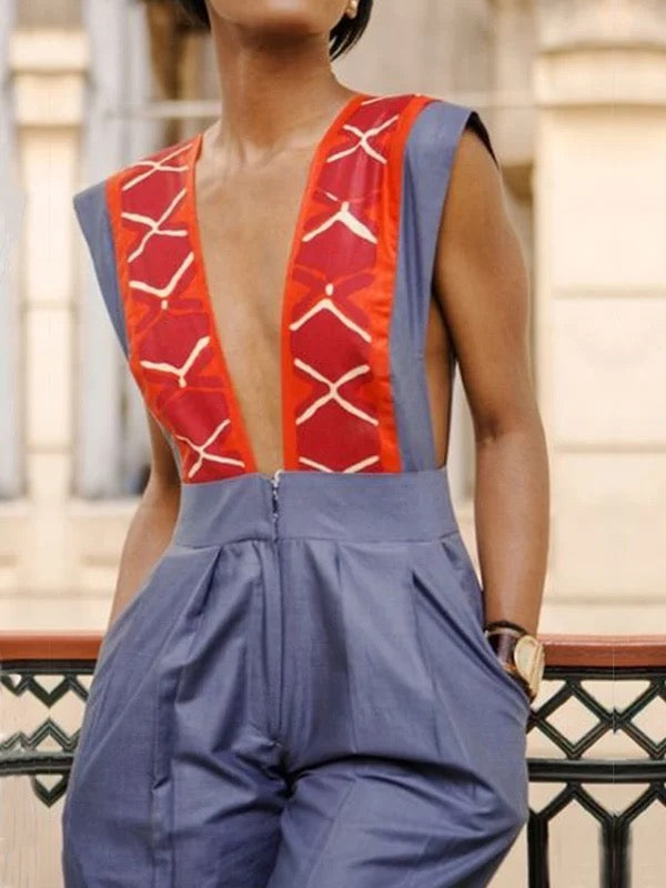 High-Waist V-Neck Pleated Zip Jumpsuit