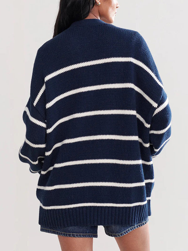 Striped V-Neck Long-Sleeve Relaxed Cardigan