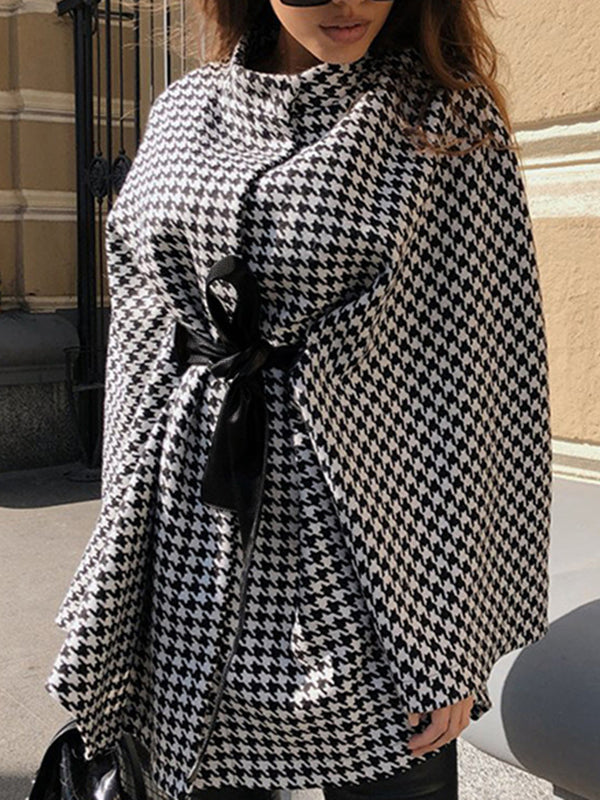 Houndstooth Stand-Collar Batwing Long-Sleeve Jacket