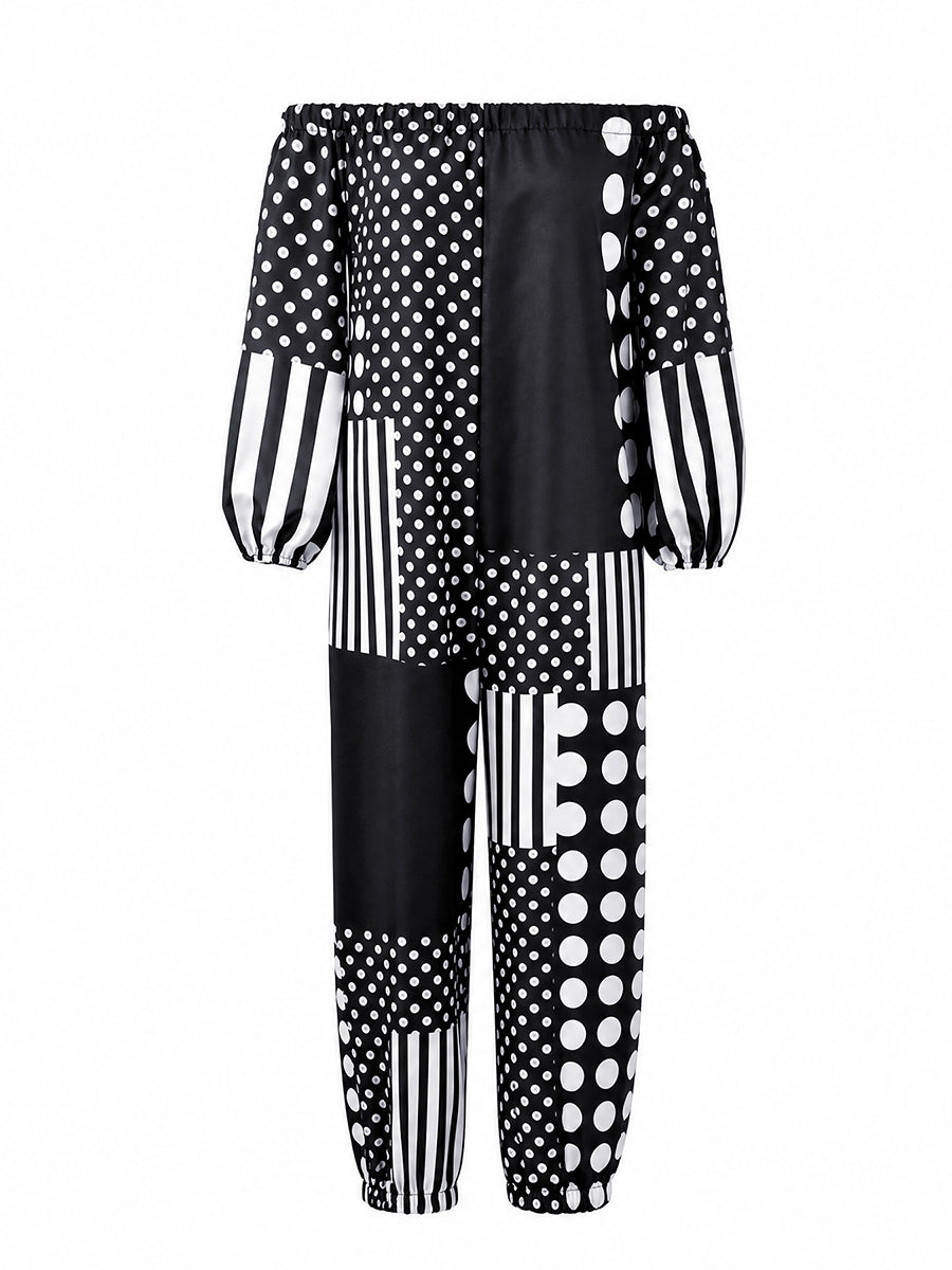 Polka Dot Striped Long-Sleeve Elastic Jumpsuit