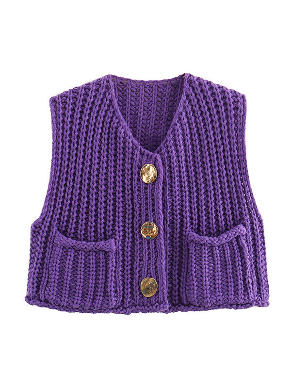 V-Neck Button-Detail Pocket Sleeveless Vest