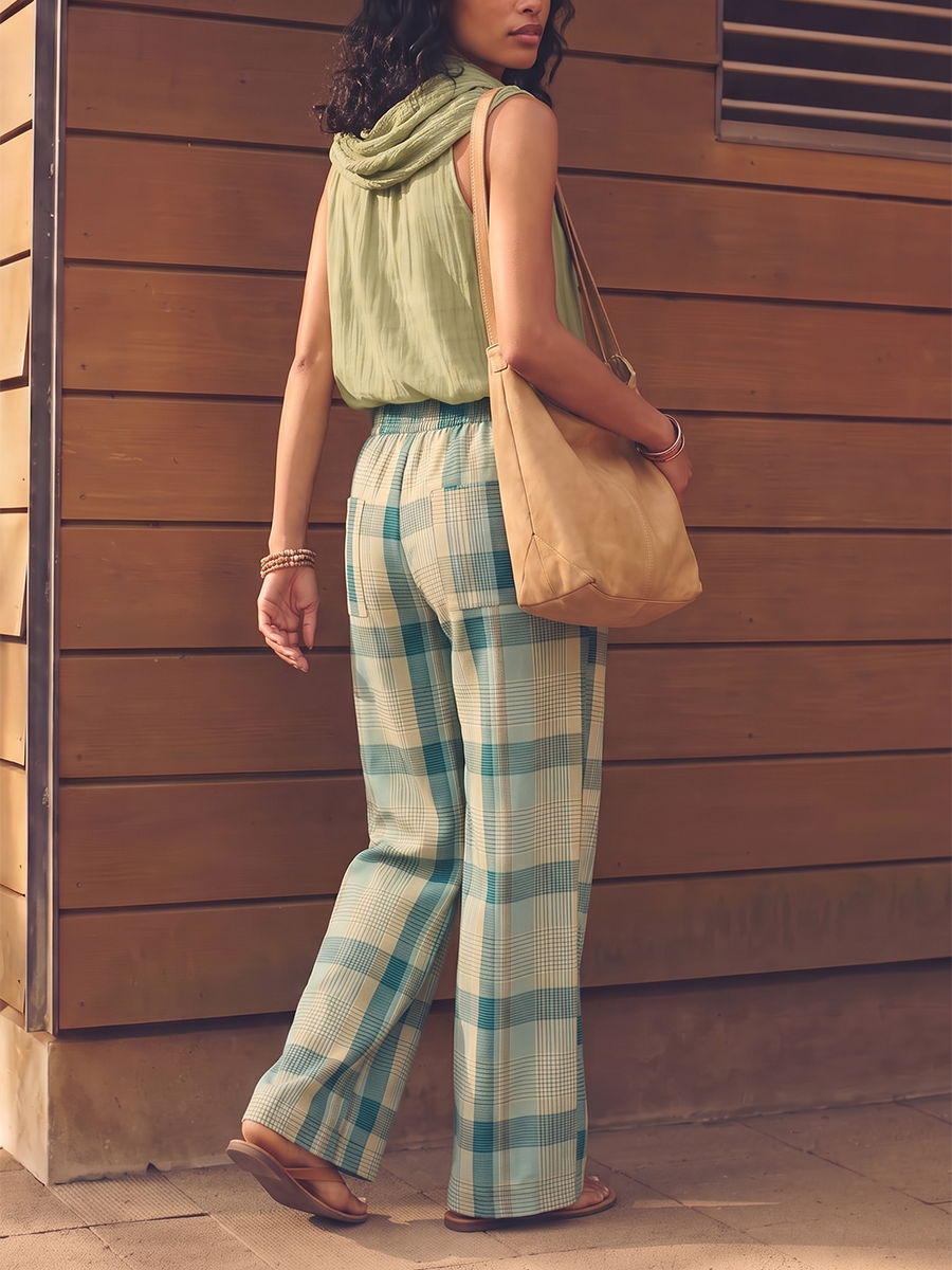 Checked Wide-Leg Pocket Relaxed Pants