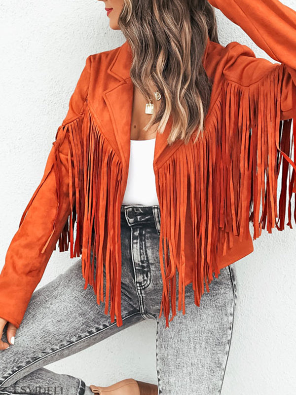 Notch-Collar Fringe Long-Sleeve Jacket
