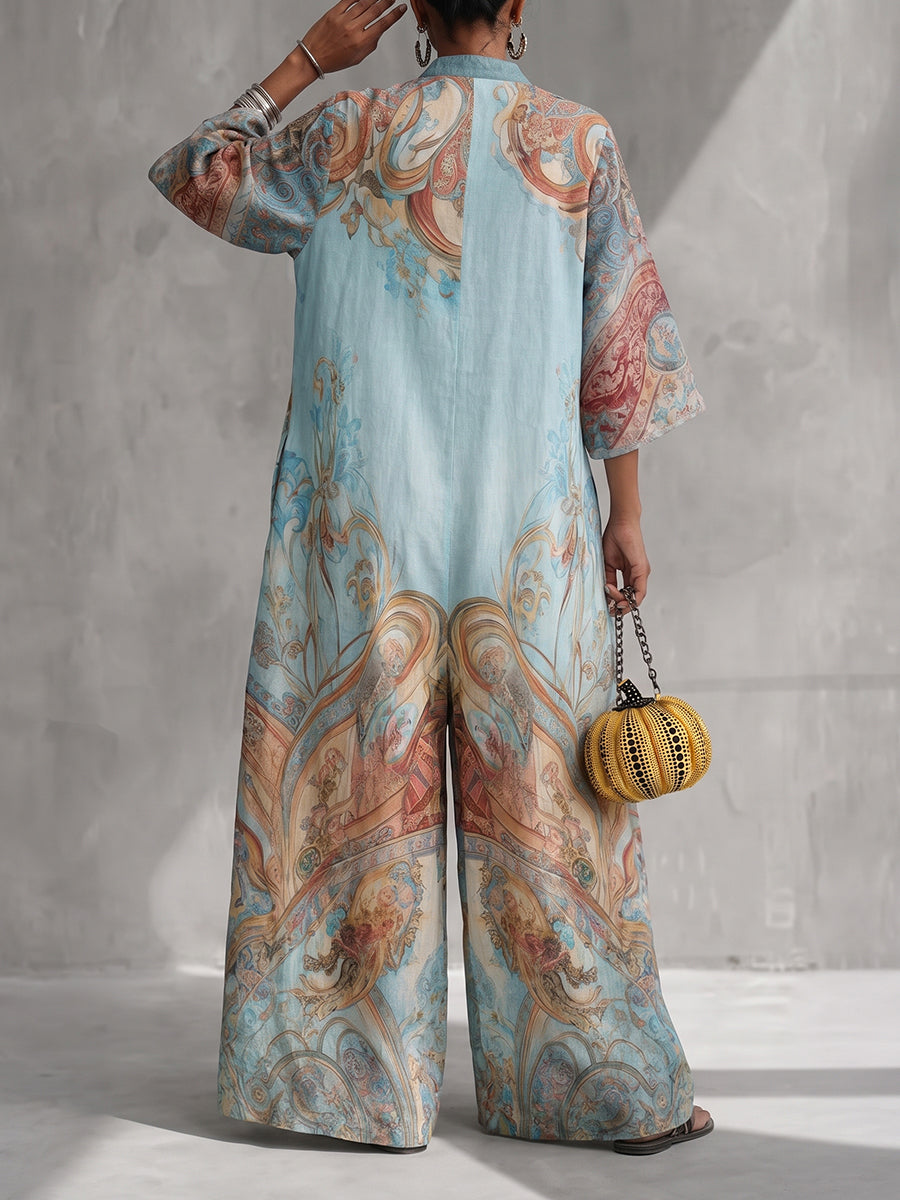 Printed Wide-Leg V-Neck Pocket Jumpsuit