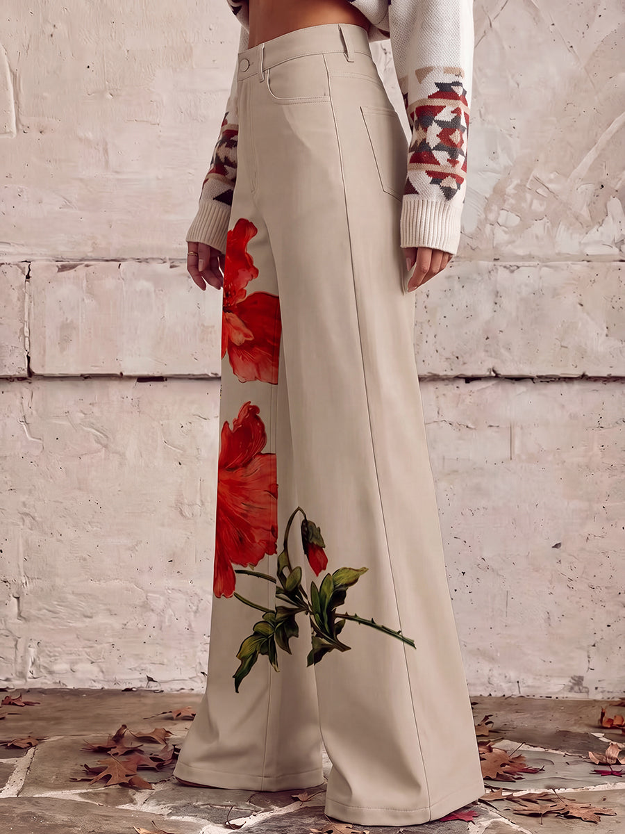 Floral High-Waist Plus Size Button-Detail Pants