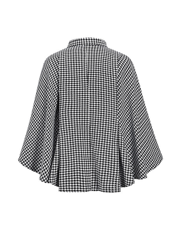 Houndstooth Stand-Collar Batwing Long-Sleeve Jacket