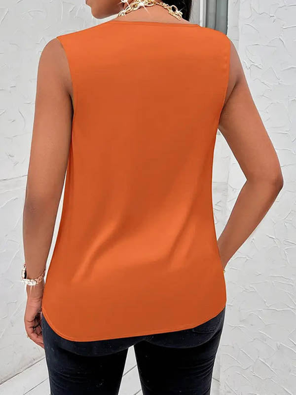 V-Neck Pleated Sleeveless Relaxed Vest