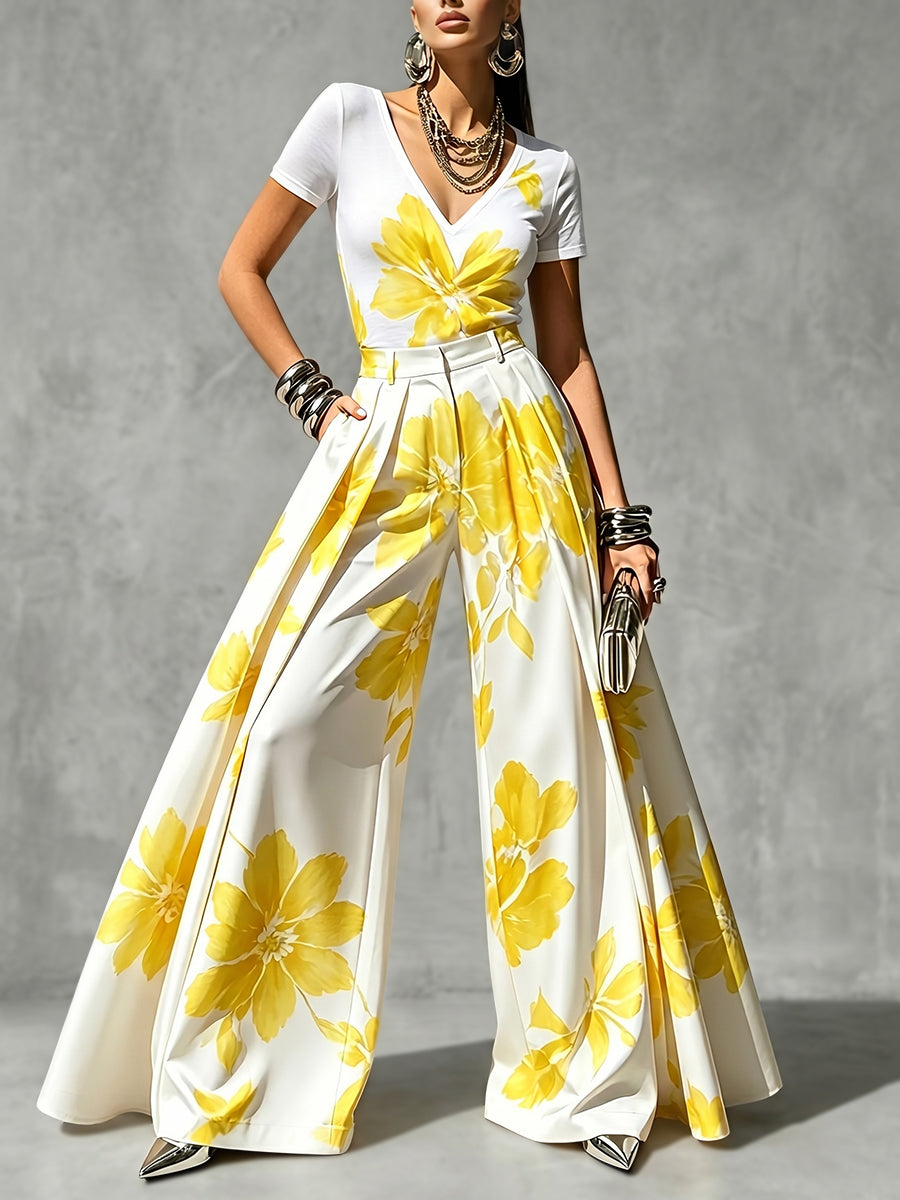 Floral Wide-Leg High-Waist Pleated Pants