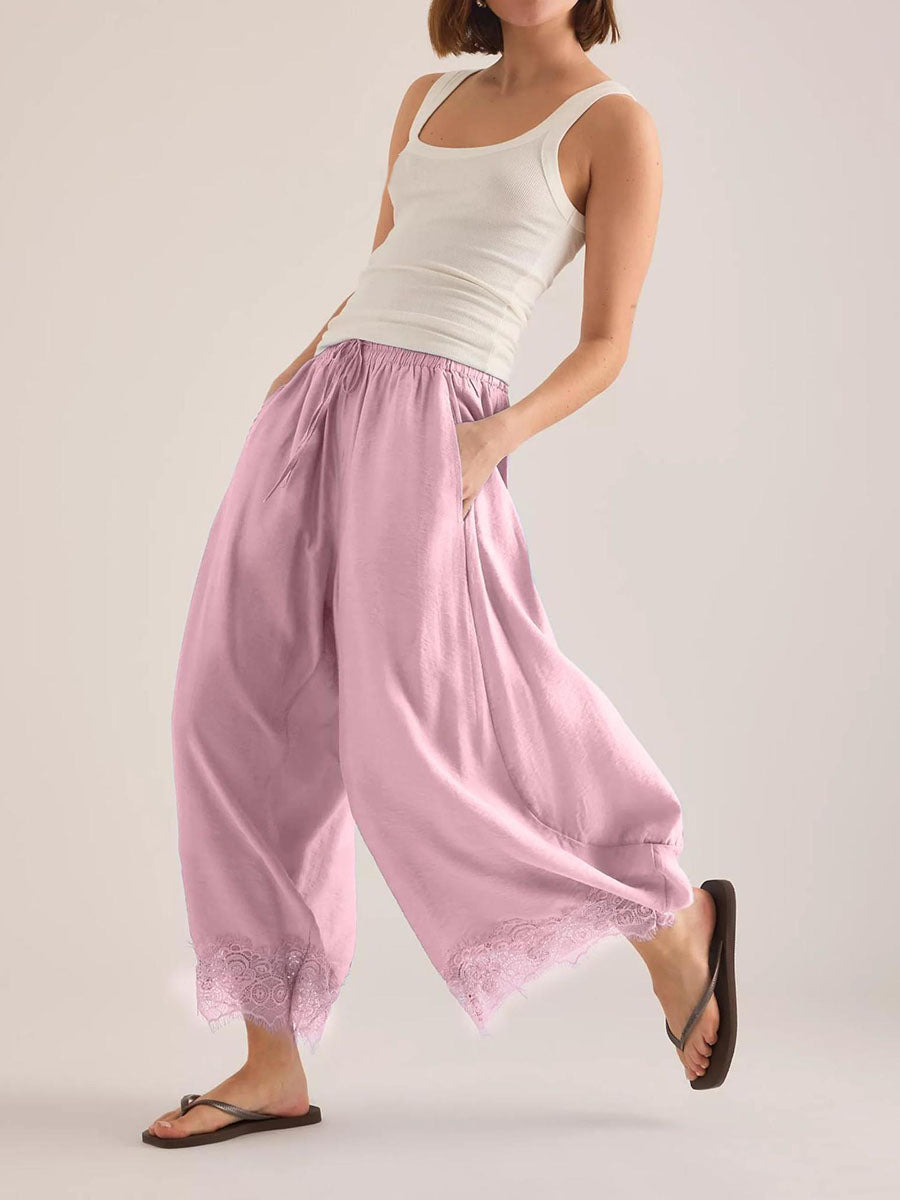 Wide-Leg Drawstring Pocket Elastic Pants