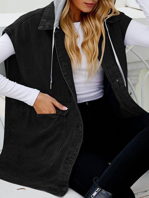 Hooded Button-Detail Pocket Sleeveless Vest