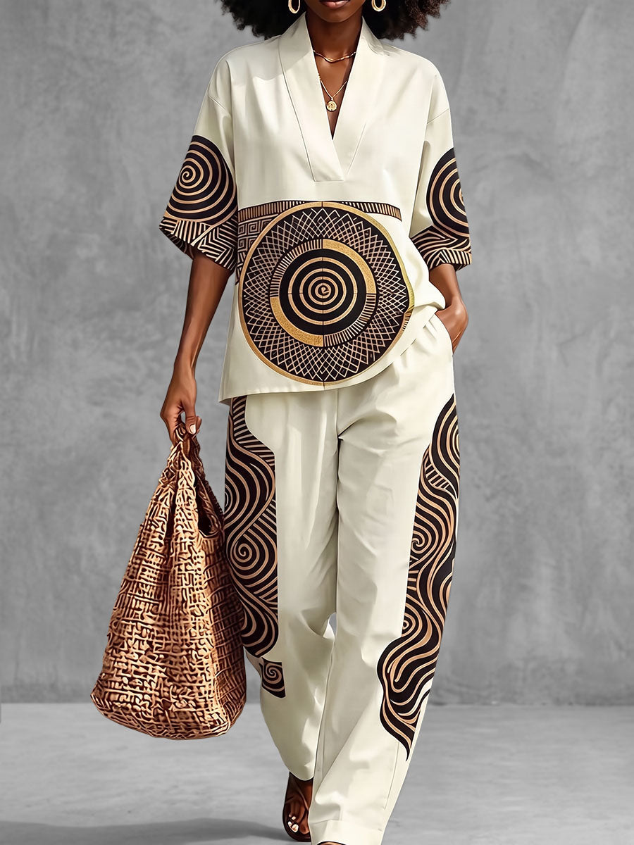 Printed Wide-Leg Pocket Elastic Pants