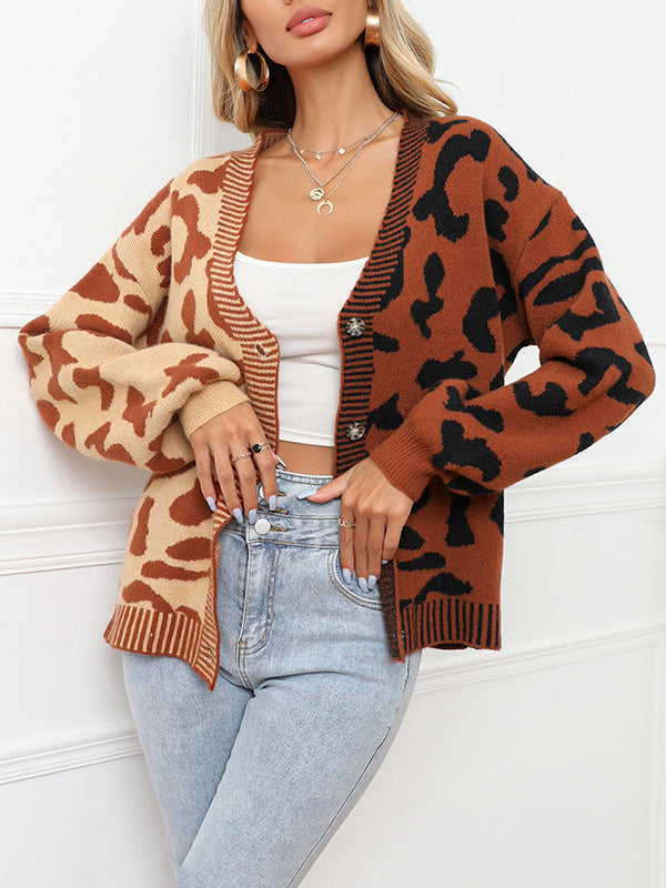 Leopard Print V-Neck Button-Detail Long-Sleeve Cardigan