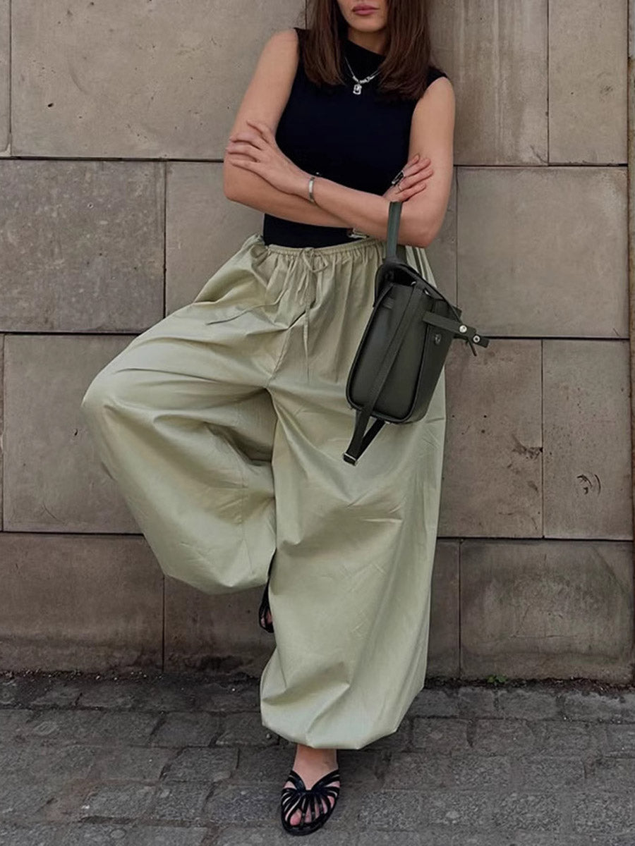 High-Waist Pleated Drawstring Pants