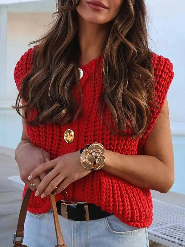Knit Button-Detail Pocket Sleeveless Cardigan