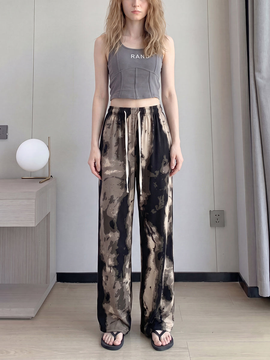 Printed Wide-Leg High-Waist Drawstring Pants