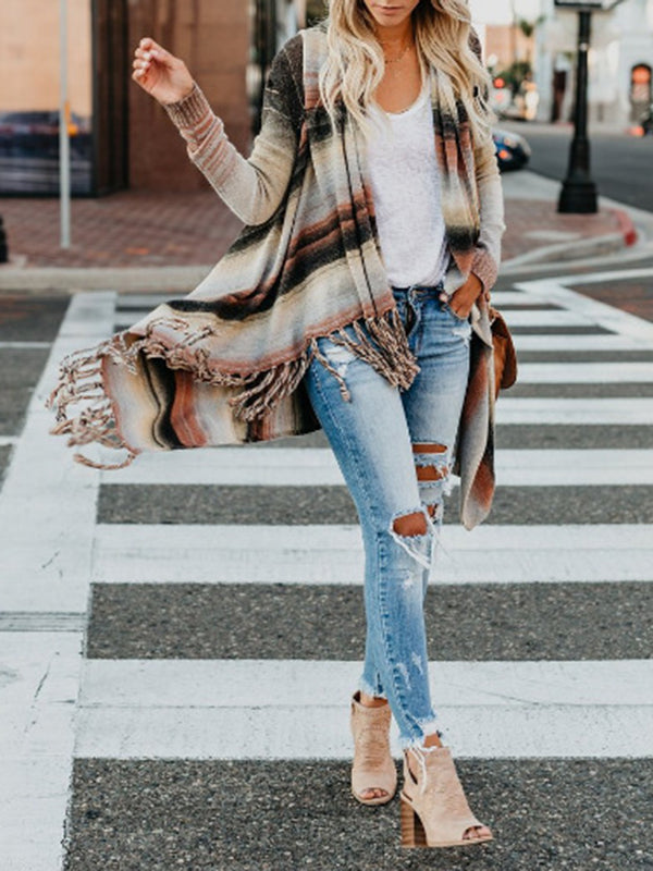 Striped Fringe Button-Detail Long-Sleeve Cardigan