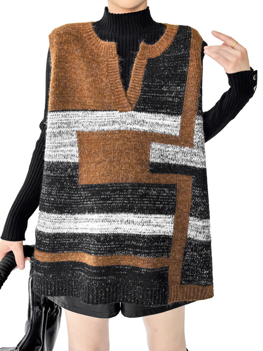 Striped V-Neck Sleeveless Geometric Vest
