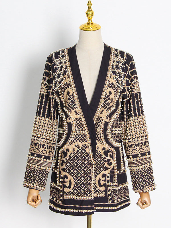 Printed V-Neck Long-Sleeve Relaxed Blazer
