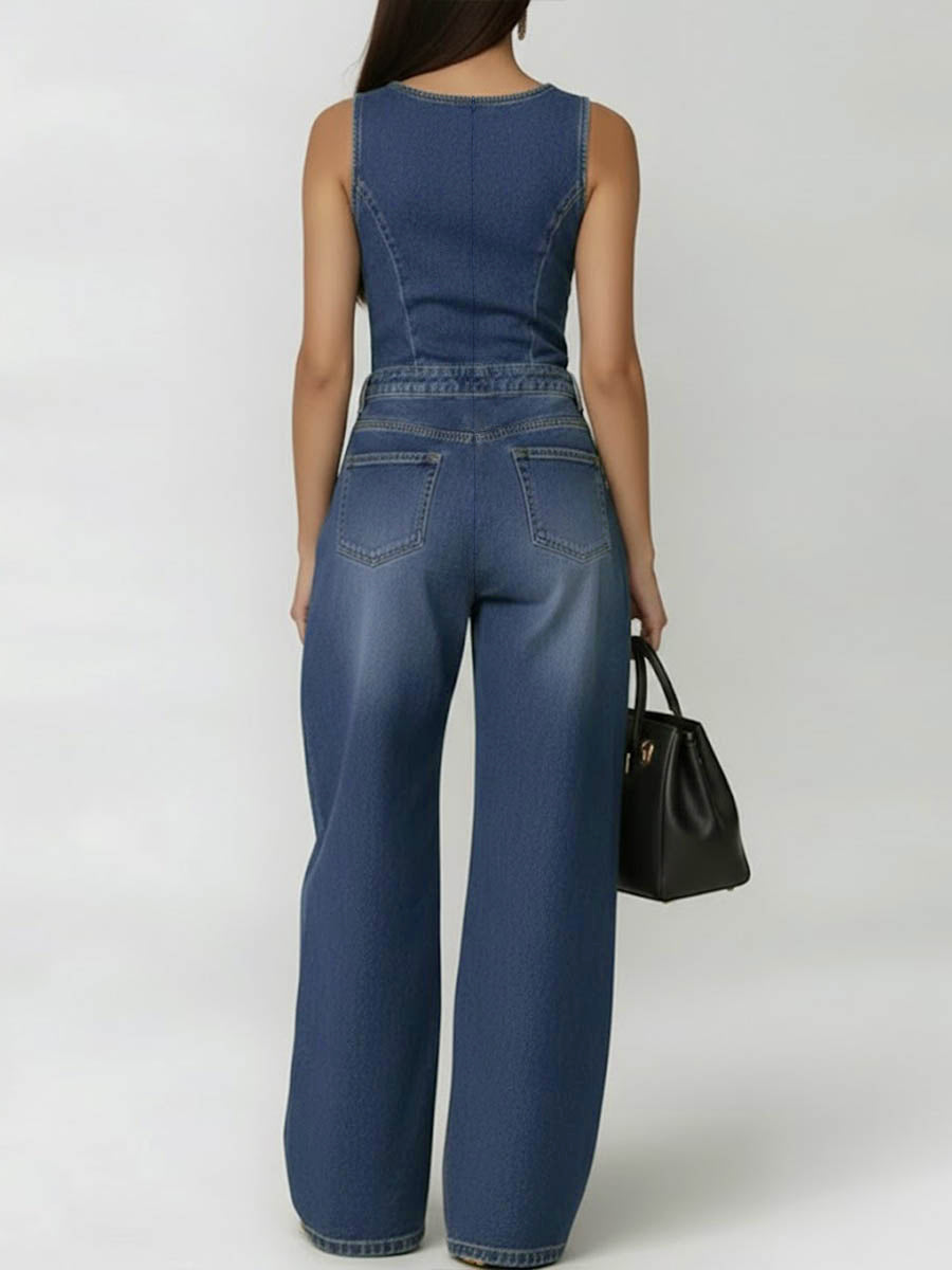 High-Waist Round-Neck Pocket Geometric Jumpsuit