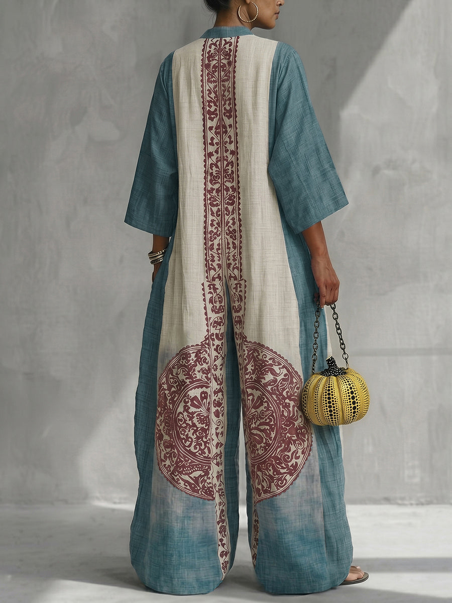 Printed V-Neck Pocket Three-Quarter Sleeve Jumpsuit